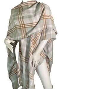 Three Dots Women's Fringe Detail Cashmere Blend Wrap Louisa Plaid Gray